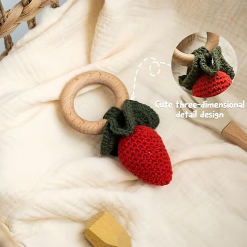 Wooden Baby Rattle Toys Stuffed Crochet Rattle with Teether Ring for Newborn Babies Fruit Wooden Teether Toy Infant Toddler Handcrafted Crochet Rattles Cute Shower Gifts for Boy and Girls - Image 6