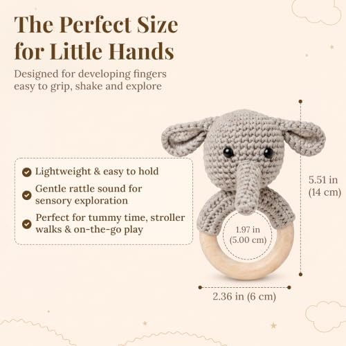 Néa Archí Crochet Baby Rattle, Organic Cotton & Beech Wood, Elephant - Image 4