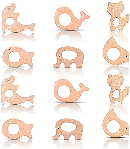 IoF 12 Pcs Teething Toys for Babies, Natural Wooden Teething Rings Baby Teether Chew Toys for Infant Toddler Teethers Crackers Animal Set Pain Relief Handmade Hanging Ring Set Toy by Unknown