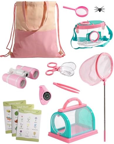 ROBOTIME Bug Catcher Kit for Kids, 12Pcs Explorer Kit, Outdoor Adventure Set with Kids Binoculars, Butterfly Net, Insect Box, Magnifying Glass and Compass Watch for Toddlers 3-12 (Pink) by ROBOTIMEBuildingThingstoLife