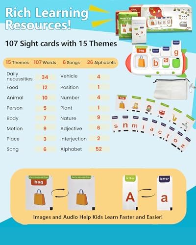 107 Sight Words Spelling&Talking Flash Card for Kids 3-8,Speech Therapy Toy - Image 6