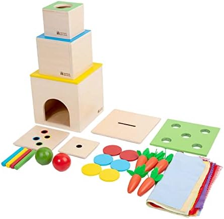 Adena Montessori 6 in 1 Play Kit Toy- 3 Nesting & Stacking Boxes, Object Permanence Drop Game, Coin Box, Carrot Harvest,Tissue Box,Sticks Matching Game for 6-12 Months 1 Year Old Toddlers 2 Year by AdenaMontessori