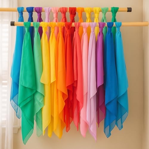 Shyyween 24 Pcs Chiffon Juggling Scarves Dance Scarves Bulk 24 x 24 Inches Colorful Square Soft Scarfs for Music Movement Education Musical Performance Magic Trick Props Accessories by Unknown