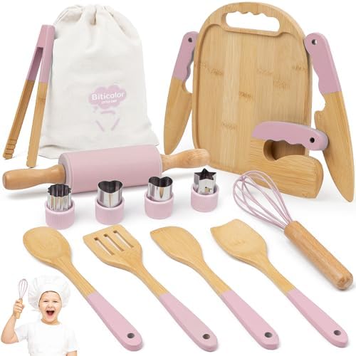 Wooden Kids Cooking Set Montessori Kit - Real Toddler Kitchen Tools & Baking Utensils - 30PCS Cooking Kit for Kids with Storage Bag, Great Gift for Pretend Play & Montessori Learning (Pink) by Unknown