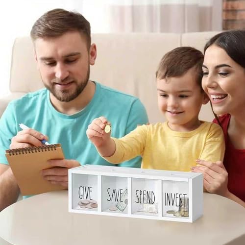 Save Spend Give Bank for Kids, Wooden Money Saving Box with Visual Compartments, 12.9x4.3x3.5 inch Wall-Mounted Montessori Coin Box, White - Image 2