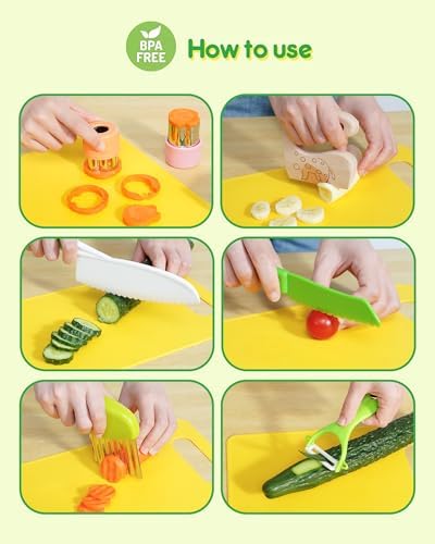 melican Kids Kitchen Knife Set, 11 Pcs Montessori Kitchen Tools for Toddlers 3+ Real Cooking, Include Kid Knives, Crinkle Cutter, Sandwich Cutters, Peeler, Cutting Board, Ideal for Birthday Gifts - Image 2