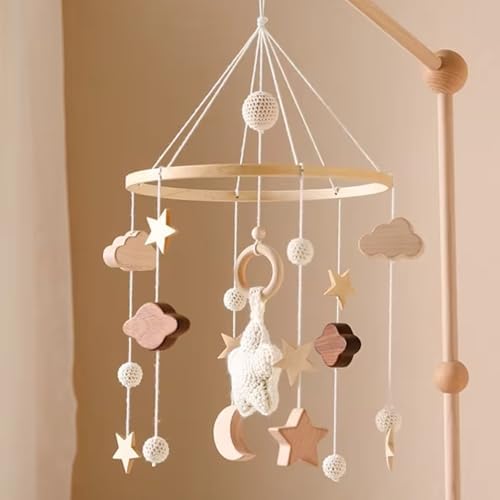 Wooden Bed Bell Crib Mobile with Music Box – Soft Felt Cartoon Bear Hanging Rattle Toy for Nursery Decor, Handcrafted Montessori-Inspired Crib Mobile (Beige) by Jessruly