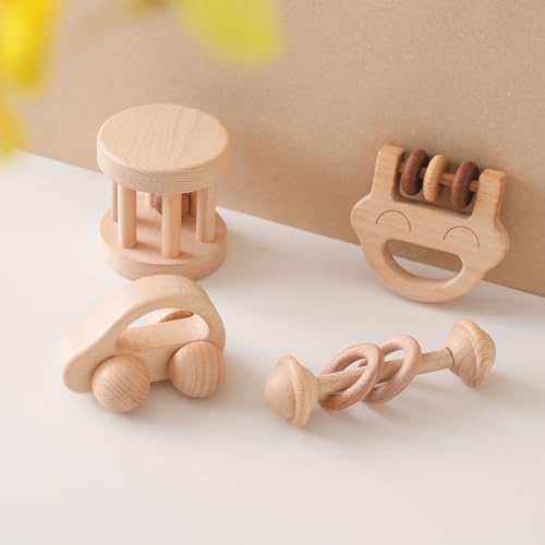 Wooden Baby Rattle Set, Newborn Wooden Rattle Toy, Natural Wooden Montessori Baby Grip Toy, Baby Gift Toy, Wood Rattle Set-4 by Chriswell