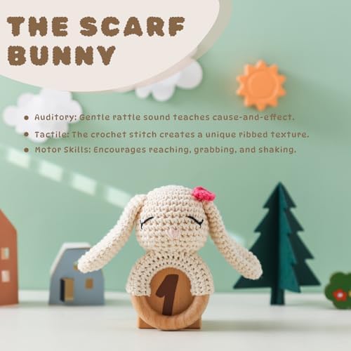 Moyii Handmade Crochet Baby Rattle Toy, 100% Organic Cotton Amigurumi Animal with Natural Beech Wood Teether Ring, Soft Sensory Newborn Toy, Montessori Nursery Gift for Boys & Girls - Image 2