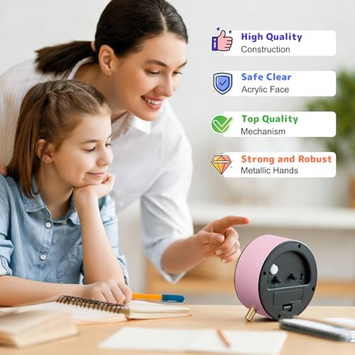Kids Alarm Clock, Silent Non-Ticking, Analog Learning Clock for School Beginners, Stylish Round Metal Clock, Easy to Read, Battery Operated, Loud Ringing Back to School Gifts - Image 3