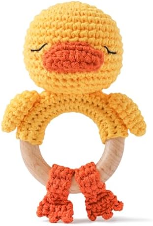 Moyii Handmade Crochet Baby Rattle Toy, 100% Organic Cotton Amigurumi Animal with Natural Beech Wood Teether Ring, Soft Sensory Newborn Toy, Montessori Nursery Gift for Boys & Girls by Unknown