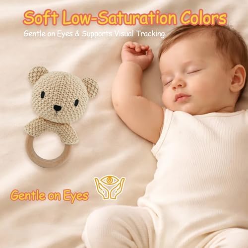 Baby Rattle Toy Teddy Bear Hand Crochet Knitted Plush Stuffed Animal Teether Natural Wood Ring Cute Bear 6 Month Baby Gift Gentle Sound Shaker Newborn Infant Crib Soothing Sleep Aid Gift - Image 5