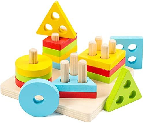 WOOD CITY Wooden Montessori Sorting & Stacking Toys, Educational Shape Color Recognition Puzzle Stacker, Development & Learning Toys Boys Girls by WOODCITY