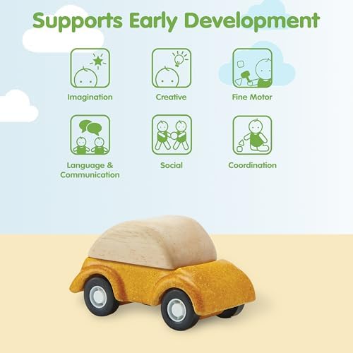 PlanToys® Yellow Car Wooden Montessori Vehicle Kids Indoor Outdoor Play Toy - Image 4