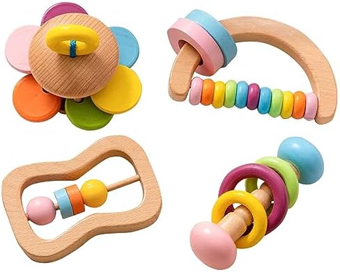 4 PCS Wooden Baby Rattle, Organic Colorful Baby Rattles Set, Wood Rattles for Babies 0-6-12 Months, Wooden Teether Crochet Rattle Toy for Infant Newborn,Montessori Toys for Babies 0-6 Months by TUOWITA