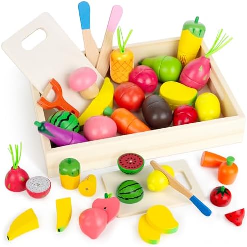 Wooden Play Food for Toddlers, Fruits & Veggies Toy for Kids Play Kitchen by GOPLACS