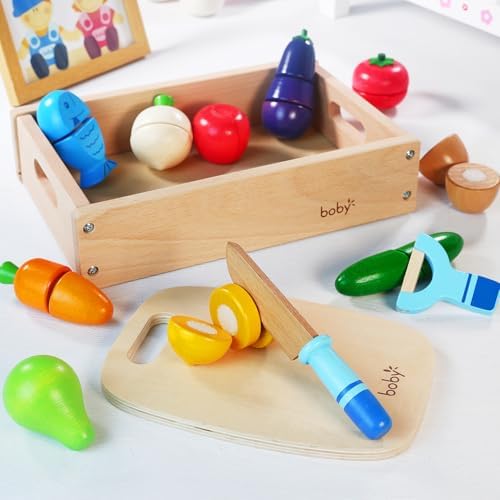 Dailyfunn Wooden Pretend Play Foods Set for Kids Kitchen Montessori Cutting Playset Toys with Storage Box - Image 3