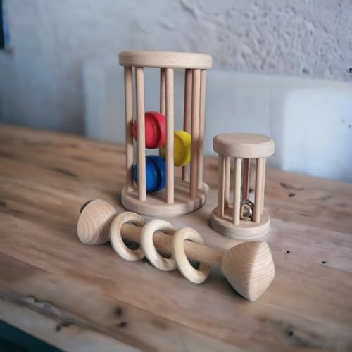Montessori Wooden Baby Toy Set – Natural Beech Wood Sensory Toys for Infants (0–12 Months) | Rolling Drum, Wooden Rattles, Bell Shaker, Teether Rings | Non-Toxic, Handmade Development Toys - Image 3