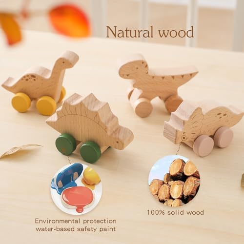 Wooden Dinosaur Cars Montessori Toys for Babies Baby Push Car Toys Wooden Toy Vehicles Development and Infant Grasping Montessori Toys(3PCS) - Image 3