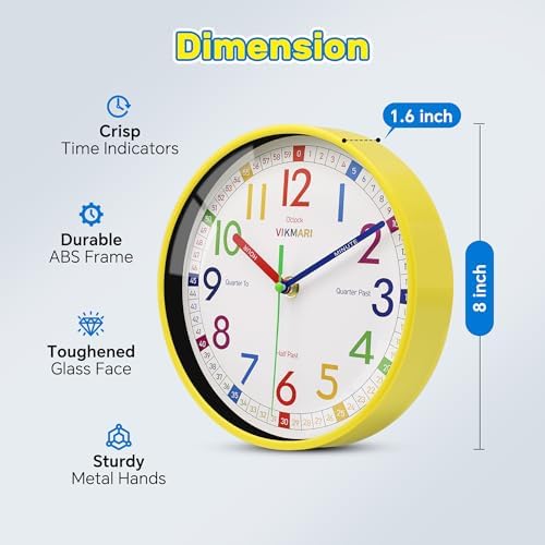 VIKMARI 8" Kids Wall Clock Learn to Tell Time Colorfull Analog Clock Silent - Image 3