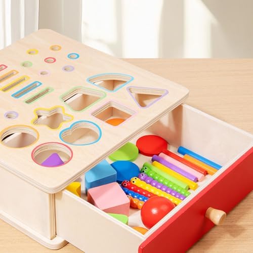 Wooden Shape Sorter Box, Montessori Activity Cube with Ball Drop, Worm Catching & Pegs - Image 4