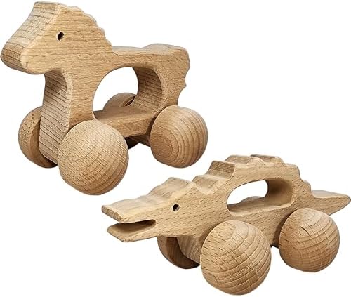 Adventure Awaits! Wooden Animal Rattle Toy Set for Toddlers & Preschoolers | Horse & Alligator Crocodile Wheeled Push and Pull Car 2 Pack by AdventureAwaits