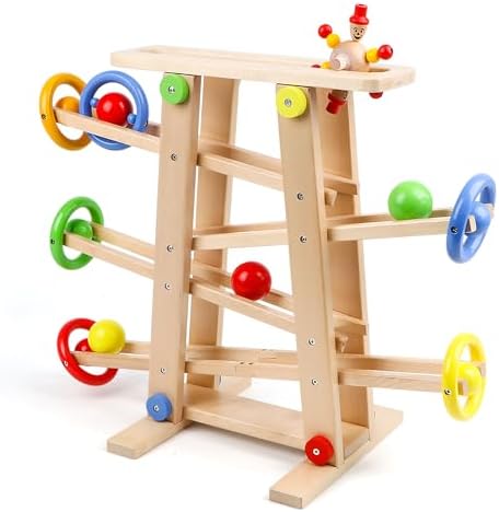 Wooden Wooden Race TrackToys, Wood Car Ramp Racer Toy Vehicle Set with 4 Balls & 5 Race Tracks, Great Educational Montessori Toys for Kids Boys Girls by Qilay
