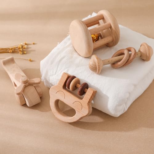 Wooden Baby Rattle Set, Newborn Wooden Rattle Toy, Natural Wooden Montessori Baby Grip Toy, Baby Gift Toy, Wood Rattle Set-1 - Image 3