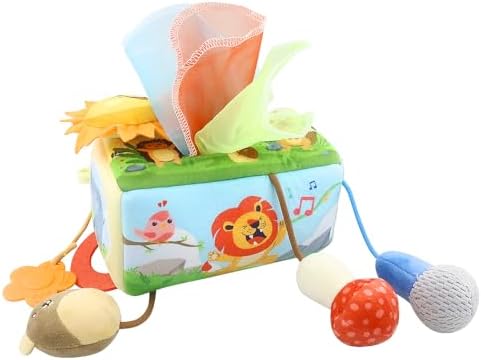 Caterbee Baby Tissue Box Toy with Hanging Hook, Sensory Pull Out Fabric Tissues, Rattle & Teether, Montessori Hanging Toy for Stroller, Car Seat & Crib,Montessori Sensory Toy for Infants (Forest) - Image 4