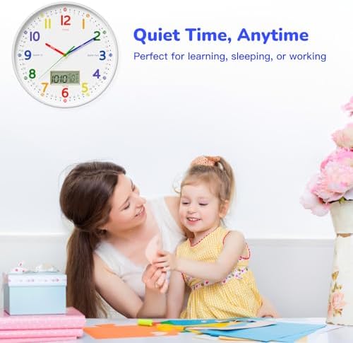 12" Silent Teaching Wall Clock with LCD Date Weekday Temperature Display – Tempered Glass, Non-Ticking Battery Operated Learning Clock for Kids Room, Classroom, Home Decor - Image 5