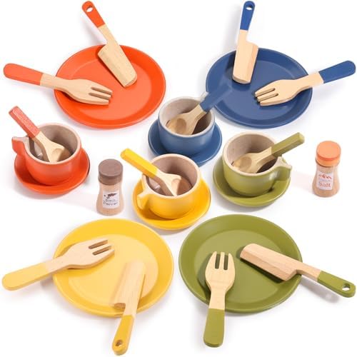 GAGAKU Wooden Play Food Sets for Kids Kitchen, Montessori Wooden Play Food Toys with Plates and Dishes for Toddler Boys & Girls Gifts by GAGAKU