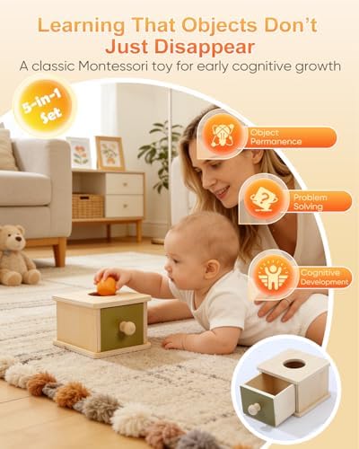 Montessori Toys for Babies 0-6 6-12 Months, Sensory Developmental Baby Toys, Tummy Time Toy - 5 in 1 Wooden Learning Toy Set, High Contrast Cards, Mirror & Spinning Drum for Newborn Infant Gift - Image 6
