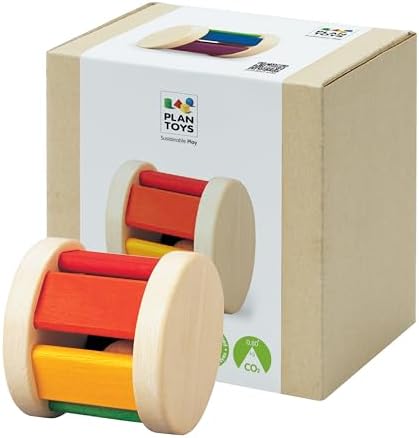 PlanToys® Wooden Roller Rattle for Babies, Montessori Sensory Sound Toy by PlanToys