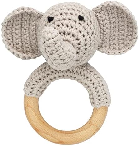Joliecraft Woodland Friends Baby Rattle Shaker Toy with Wooden Teething Ring Gray Elephant by Joliecraft