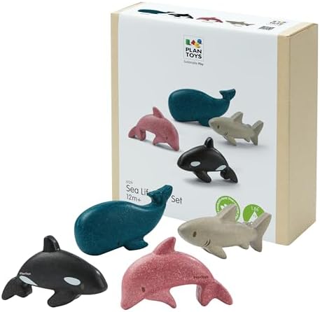 PlanToys® Wooden Sea Life 4-Piece Set, Dolphin, Orca, Whale & Shark Kids by PlanToys