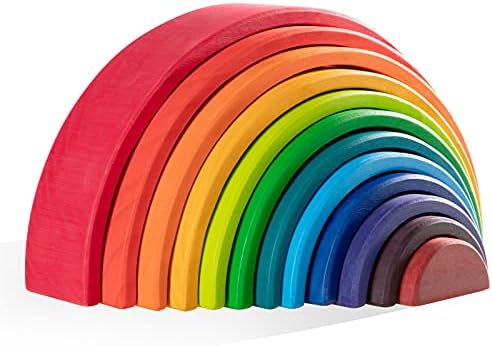 Wooden Rainbow Stacking Toy - 12 Pieces Extra Large Montessori Wooden Stacking Arch Educational Toys, Nesting Puzzle Building Blocks for Kids Toddlers (Rainbow Stackers) by MerryHeartWoodenToy