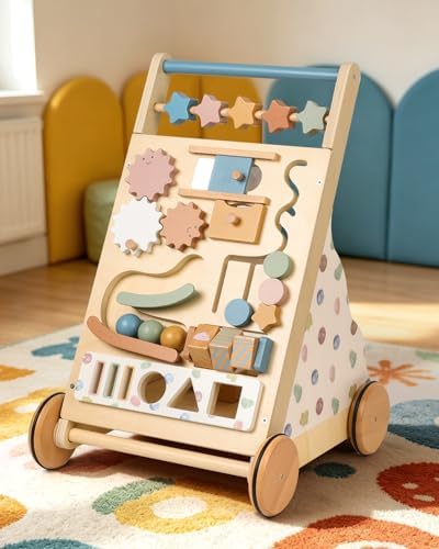 Montessori Safe Wooden Baby Walker, Adjustable Speed Baby Push Walker for Girls and Boys, Morandi Activity Center Toy for Kids' Development, Ideal Gift for Toddlers by Unknown