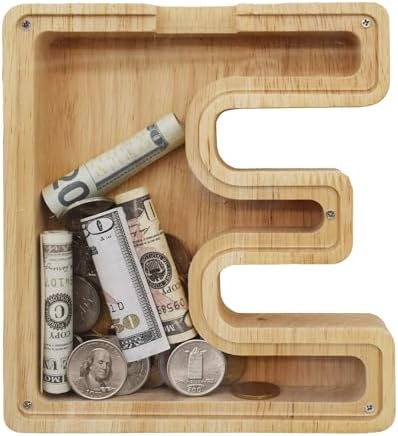 Wooden Letter Piggy Bank for Kids Boys Girls, A-Z Letters Wood Coin Bank Money Box, Piggy Bank for Toddler Family Christmas Birthday Gift(E) by FINDAMAZE