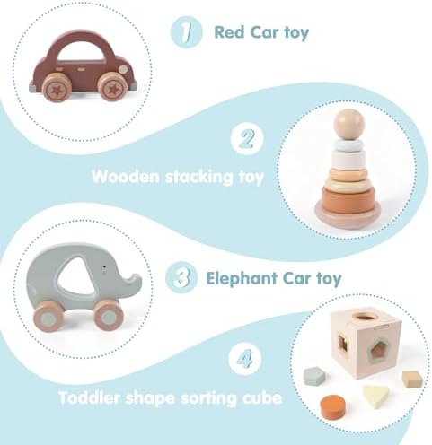 FReniland Wooden Baby Toy Set for 12M+, Montessori Grasping & Stacking Toys, Elephant & Car Sensory Toys, Natural Wood Fine Motor Skill Development Gift for Boys & Girls - Image 6