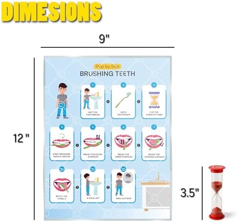 Brushing Teeth with Timer Chart Step by Step Laminated 9x12 Inch for Children Self Care Visual Chart Ideal for Special Needs and Autism (Brushing Teeth Chart with Sandtimer - English) - Image 6
