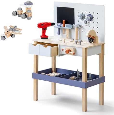 Wooden Tool Bench for Kids with Electric Drill, Drawers & Lower Shelf by Unknown