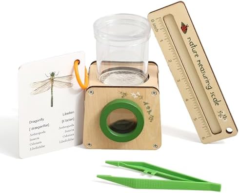 Wooden Bug Catcher for Kids, Tri-View Bug Viewer Kit, Top & Bottom Magnifiers, Insect Observation Container with Tweezers, Ruler & 10 Insect Cards, STEM Outdoor Explorer Toy by Macabaka