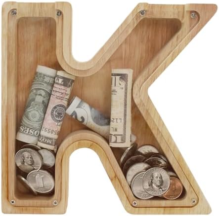 Wooden Letter Piggy Bank for Kids Boys Girls, A-Z Letters Wood Coin Bank Money Box, Piggy Bank for Toddler Family Christmas Birthday Gift(K) by FINDAMAZE