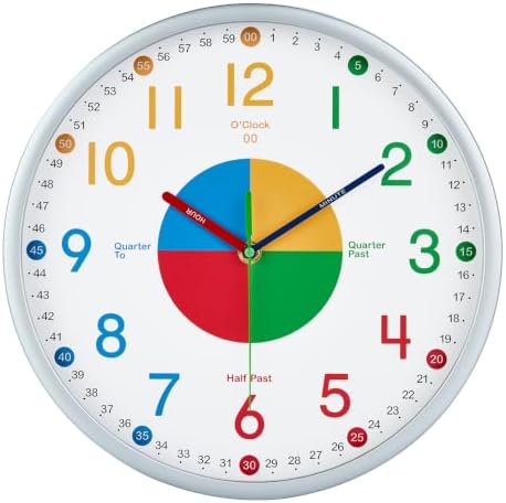 HZDHCLH Kids Wall Clock for Learning to Tell Time, 10 Inch Silent Non Ticking Analog Clock with Four Color Time Disc Battery Operated Educational Clock for Classroom, Bedroom, Homeschool (pale silver) by HZDHCLH