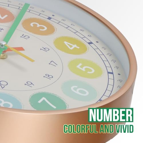 Kids Wall Clock Telling Time Silent Non-Ticking Learning Clock Colorful Teaching Wall Clocks Round Plastic Analog Educational Decor Clock for Classroom, Playroom (EDU3-Rose Gold, 10 inch) - Image 6
