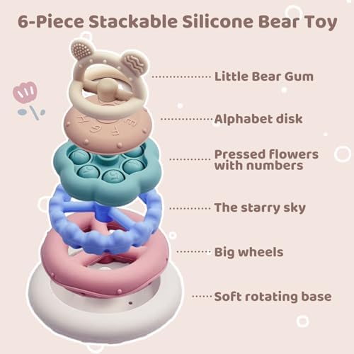 Stacking Rings Baby Toy, 7-Piece Silicone Baby Teething Toy, 6M+ Pink Jenga - Image 4