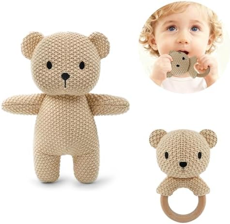 10" Crochet Bear Stuffed Animal with Rattle, Pure Cotton Soft Crochet Doll Plush Toy for Newborn, Handmade First Birthday Gift by Okegztoa