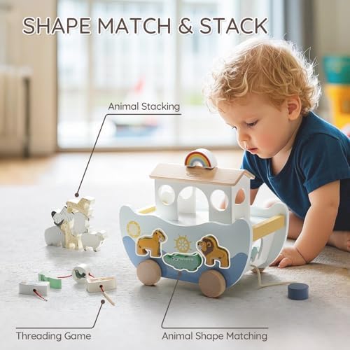 Joyreal Wooden Montessori Toys for 1 Year Old - Neutral Color Noah's Ark Toy and Hammering Pounding Toy - Christmas Birthday Gifts for 1-3 Year Old Toddler - Image 3