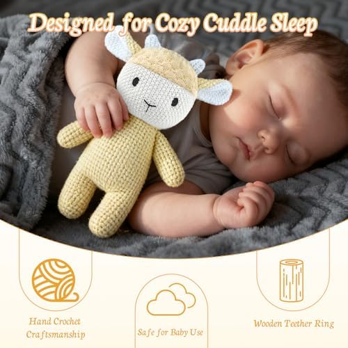 10" Crochet Sheep Stuffed Animal with Rattle, Pure Cotton Soft Crochet Doll Plush Toy for Newborn, Handmade First Birthday Gift - Image 4