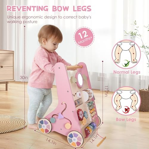 Wooden Baby Walker and Activity Center for Toddler Girl 10-12 Months, Pink - Image 6